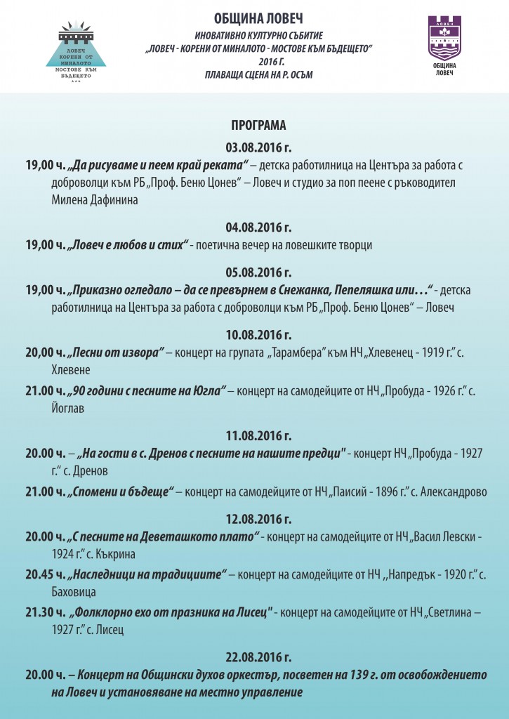 scenaprograma208161 Програма на КУЛТУРНО СЪБИТИЕ "ЛОВЕЧ - КОРЕНИ ОТ МИНАЛОТО - МОСТОВЕ КЪМ БЪДЕЩЕТО" 2016 Г. ПЛАВАЩА СЦЕНА НА Р. ОСЪМ