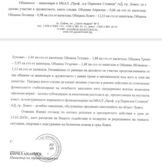 pismobolnica1803191 Министърът на здравеопазването с писмо до Общинските съвети от област Ловеч относно „тежката ситуация, свързана с осигуряването на болнична помощ в Ловеч“