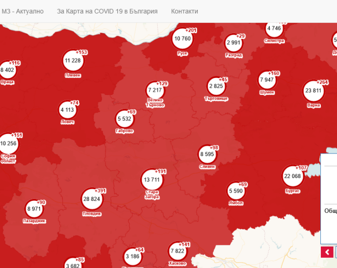 covid map 3003211 По данни на РЗИ Ловеч, новите случаи на Covid-19 в областта са 71, 21 човека са  хоспитализирани. Има заразени медици и пациенти от Първо женско отделение