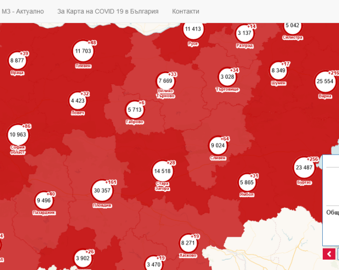 covid map 404211 Половината от новите 33 случая в област Ловеч са в община Ловеч. 12 са хоспитализираните, починали са 4 човека