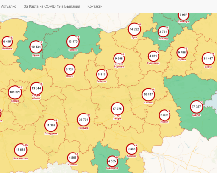 covid map 1506211 По данни на РЗИ Ловеч, регистрираната 14-дневна заболяемост от COVID-19 от 35,1 на 100 хил. население