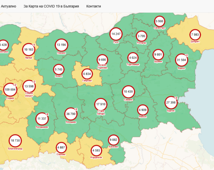 covid map 2806211 Към 27.06.2021 година в област Ловеч е регистрирана 14 дневна заболяемост от COVID-19 от 15,5 на 100 хил. население