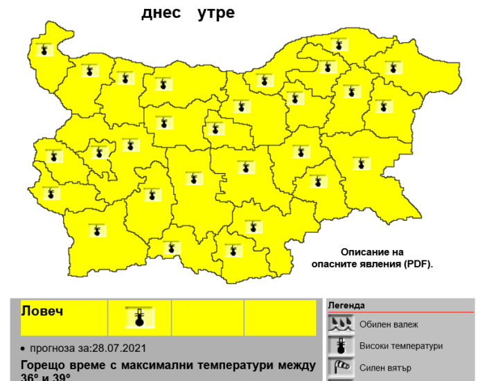 jlat kod 2807211 Жълт код за високи температури е обявен за цяла България. Обявен е и екстремален индекс за опасност от пожари