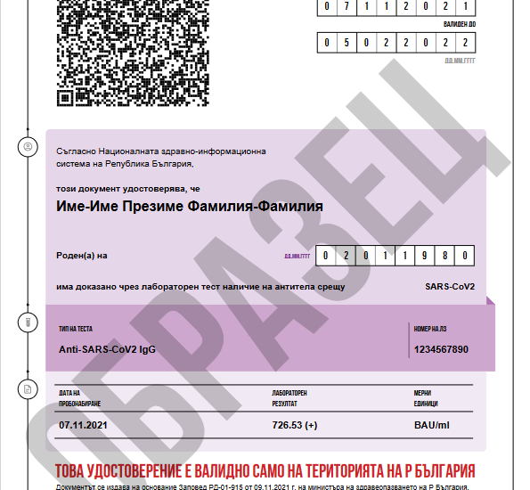 certifikat antitela 1111211 От днес е възможно издаването на удостоверение за наличие на антитела срещу COVID-19, доказано чрез лабораторен тест