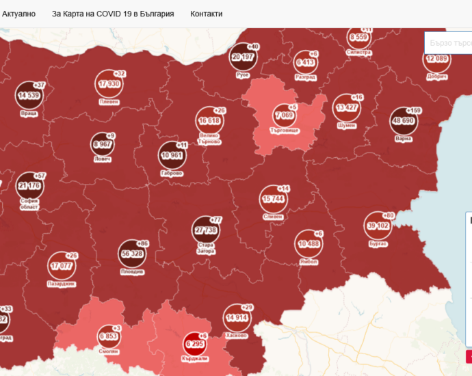 covid map 811211 Активните случаи в област Ловеч са 1068, от които 848 на домашна изолация и лечение и 220 хоспитализирани