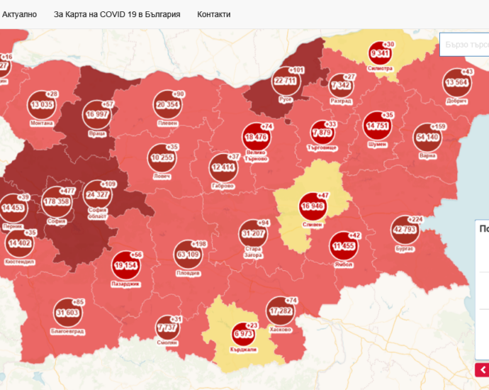covid map 812211 Активните случаи в област Ловеч са 610, от които 462 на домашна изолация и лечение и 148 хоспитализирани