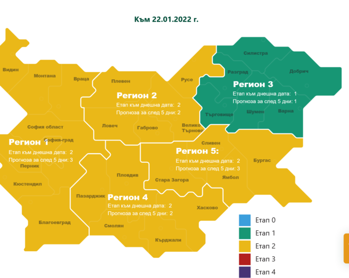 covid map 2201221 В област Ловеч са карантинирани ученици от пет учебни заведения  и деца от три детски заведения в областта. Диагностицирани са  две медицински лица