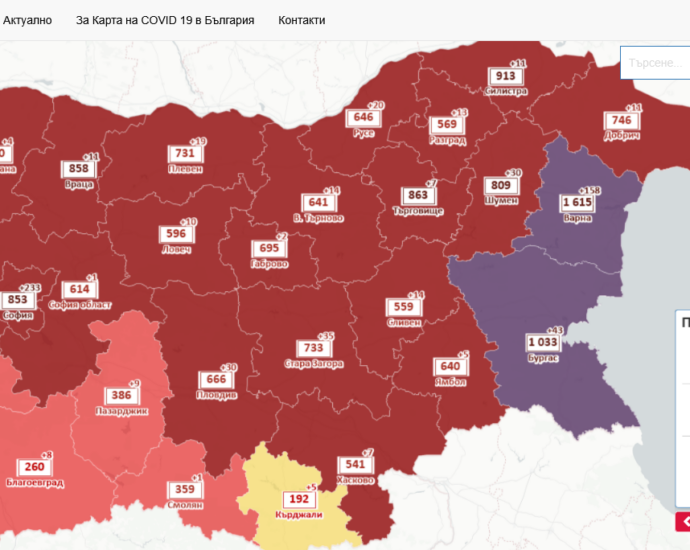 covid map 2802221 Значителен спад на регистрираната 14-дневна заболяемост за Област Ловеч - от 894 на 100 хил. население за предходната седмица до 569 днес