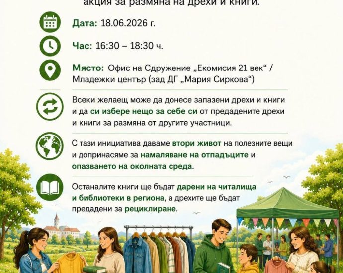 akcia drehi 110626 „Екомисия 21 век“ организира акция за размяна на дрехи и книги в Ловеч